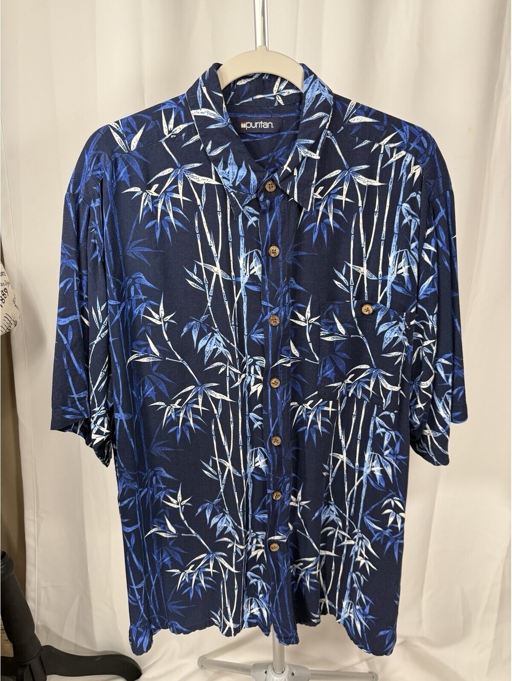 Puritan Mens SIZE Hawaiian Shirt Navy Bamboo Print Camp Aloha Tiki Button Up